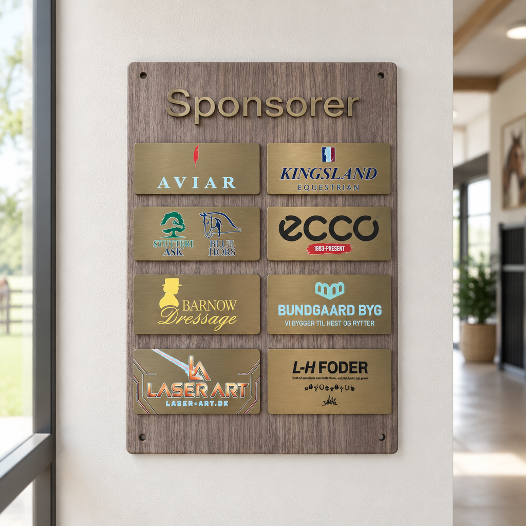 Sponsortavle fra Laser Art med træbaggrund og gyldne logoskilte til sponsorer inden for ridesport.