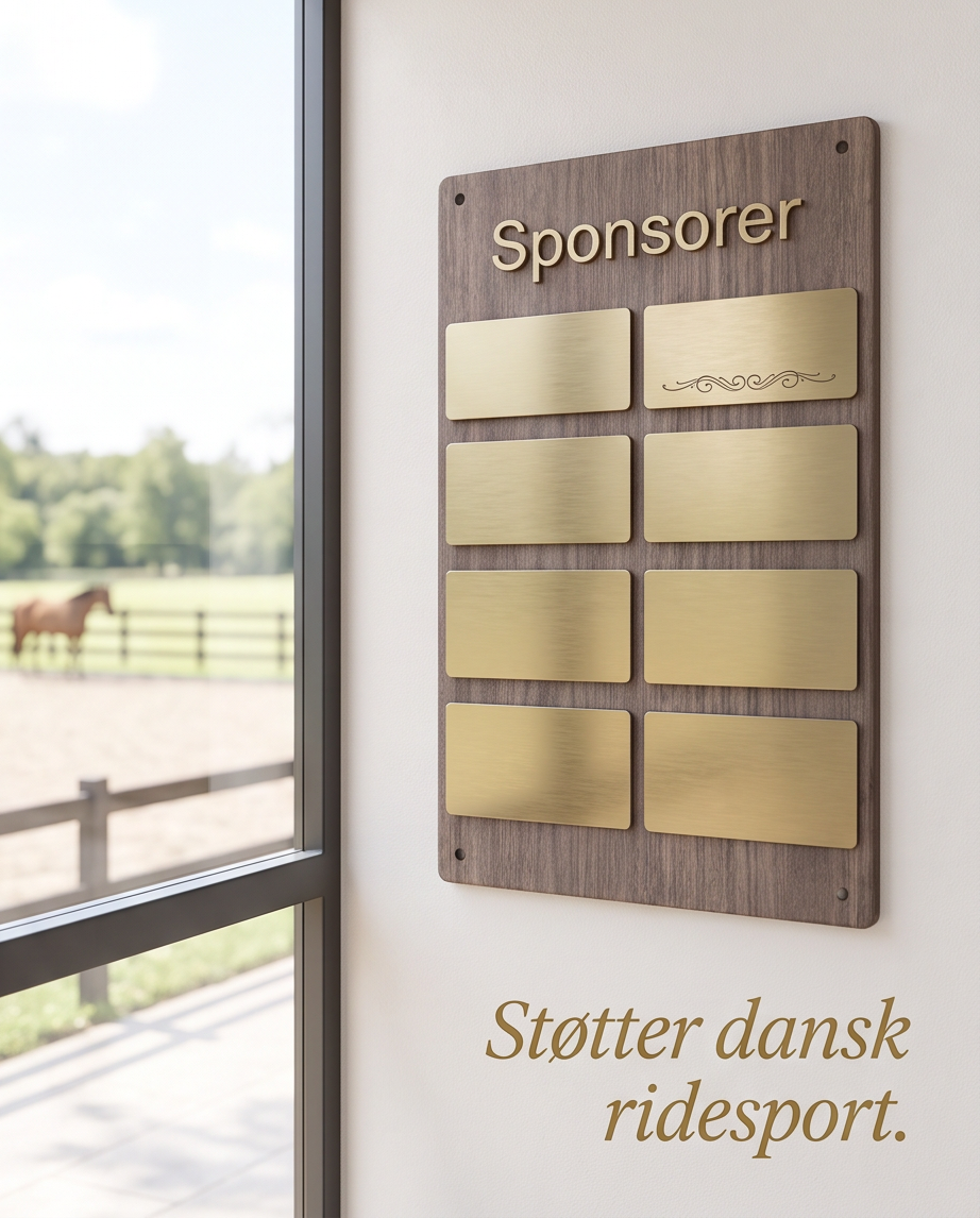 Sponsortavle fra Laser Art med træbaggrund og gyldne logoskilte til sponsorer inden for ridesport.