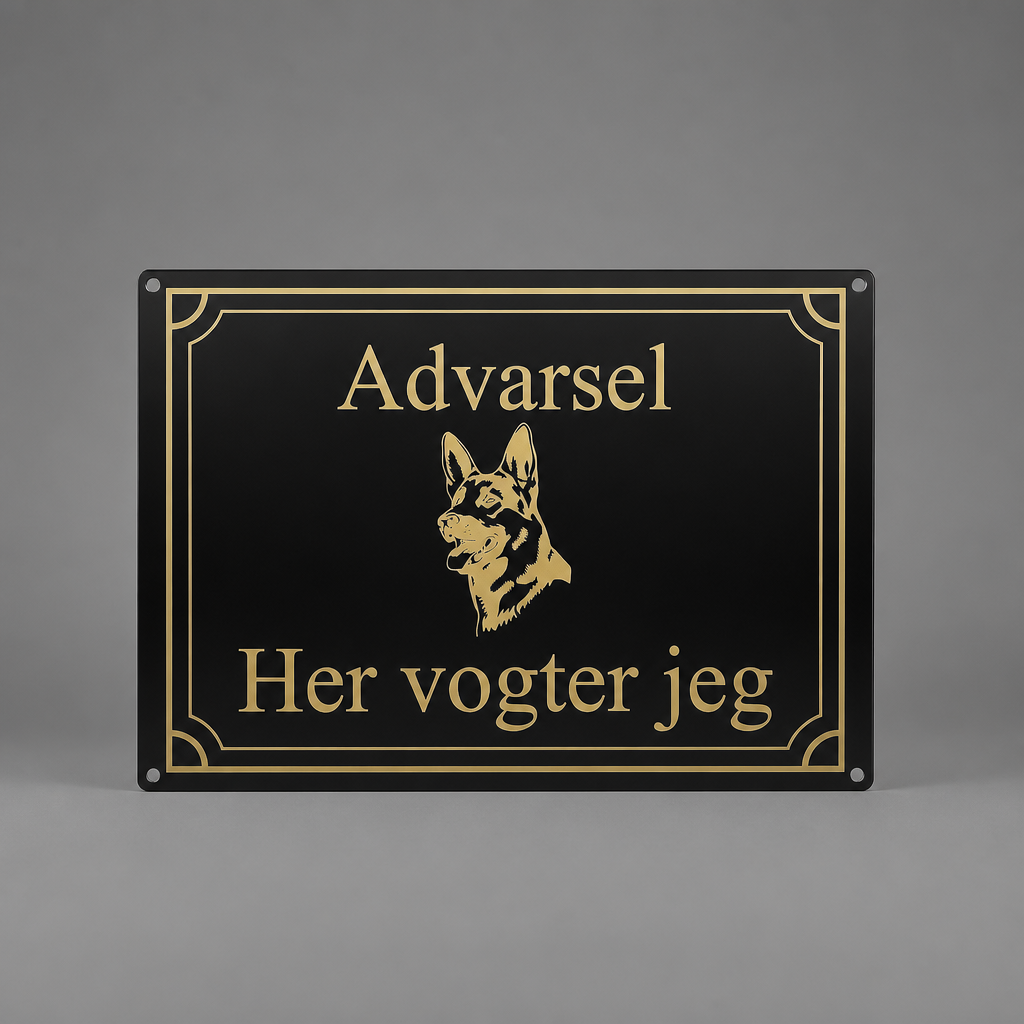 Sort og guld hundeskilt med schæfer og teksten Advarsel Her vogter jeg