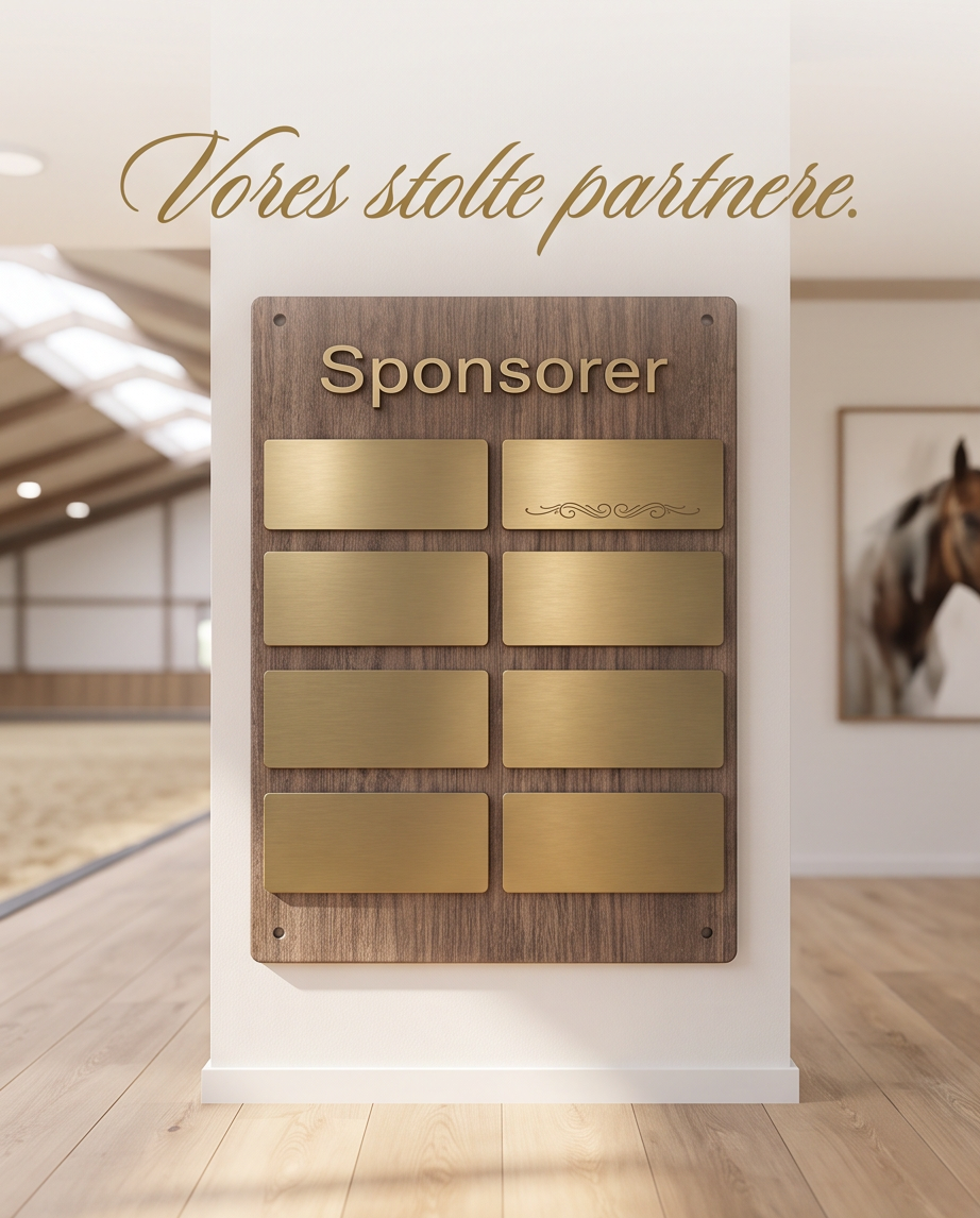 Sponsortavle fra Laser Art med træbaggrund og gyldne logoskilte til sponsorer inden for ridesport.