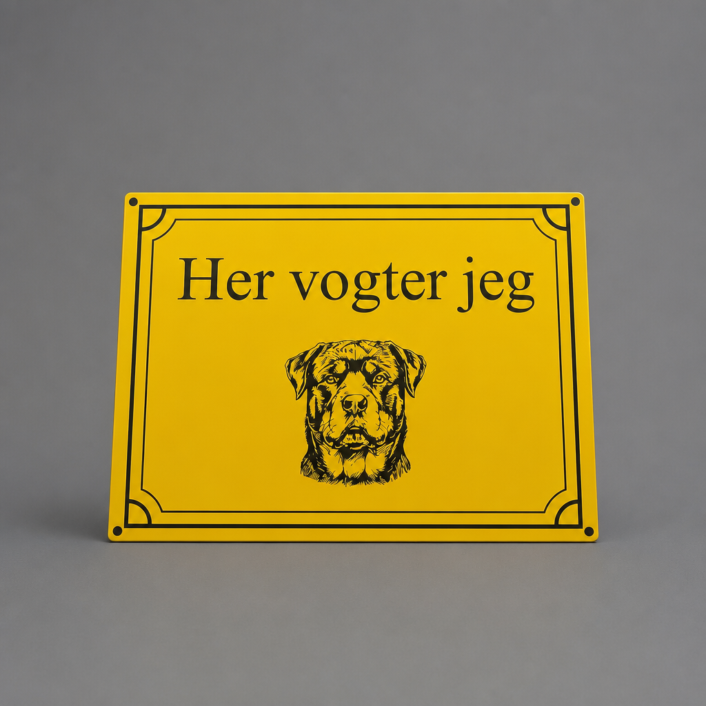 Gult hundeskilt med Rottweiler og teksten Her vogter jeg